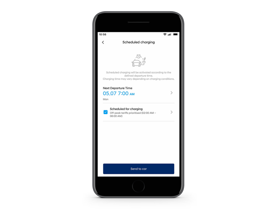 Close-up of the Hyundai Bluelink app with the Charging Schedule feature on the screen.