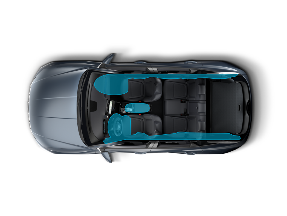 Birds-eye picture of the Hyundai TUCSON Plug-in Hybrid highlighting the seven-airbag system. 